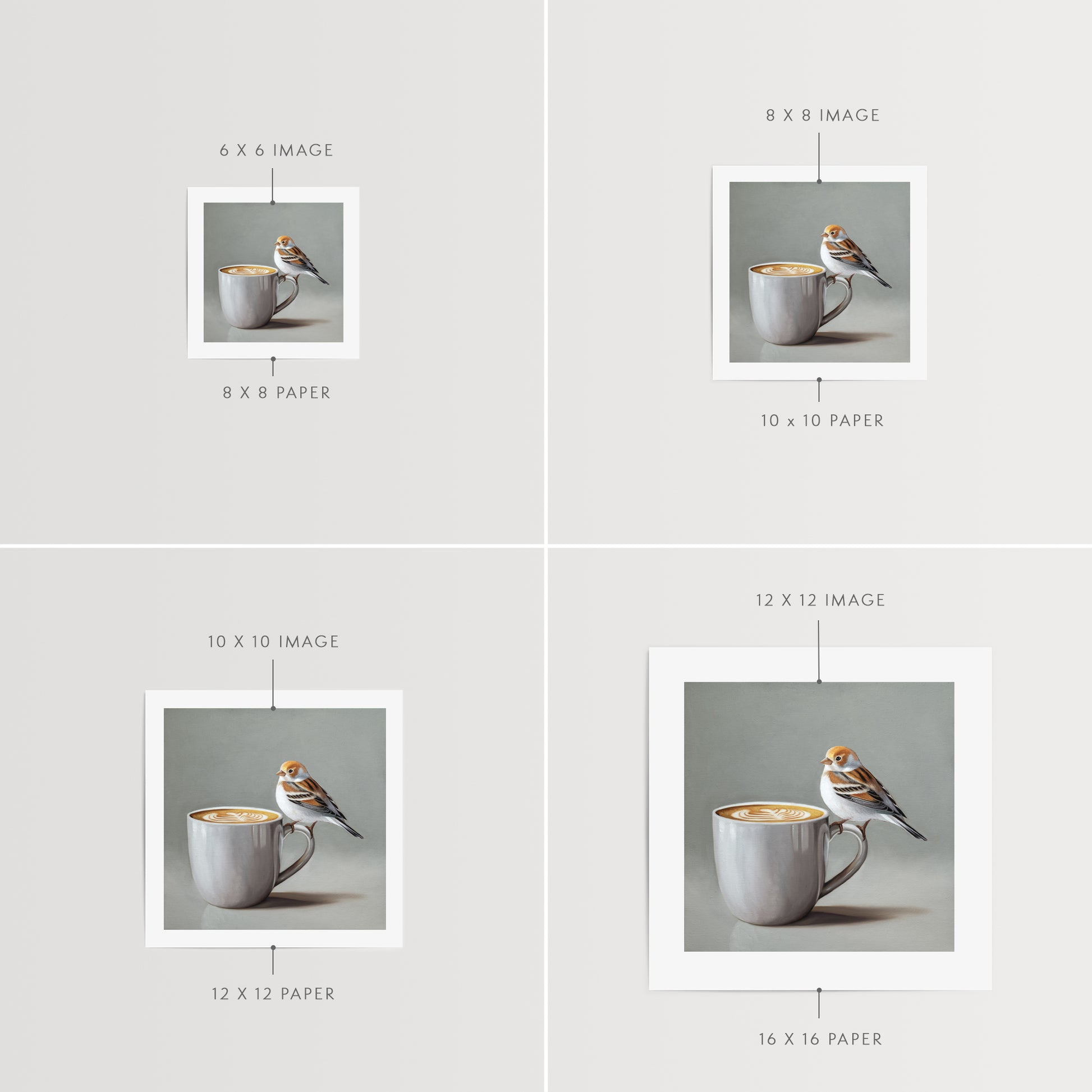 Snow Bunting & Latte Fine Art Print by Lauren Pretorius: a snow bunting perched on the handle of a white cup of coffee.