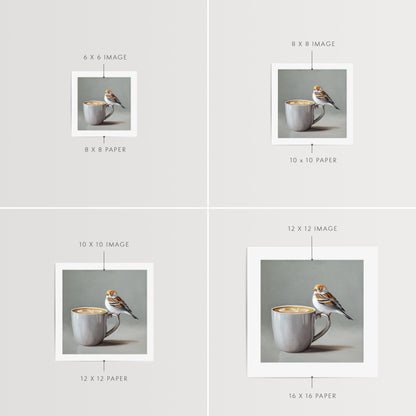 Snow Bunting & Latte Fine Art Print by Lauren Pretorius: a snow bunting perched on the handle of a white cup of coffee.