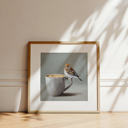 Snow Bunting & Latte Fine Art Print by Lauren Pretorius: a snow bunting perched on the handle of a white cup of coffee.
