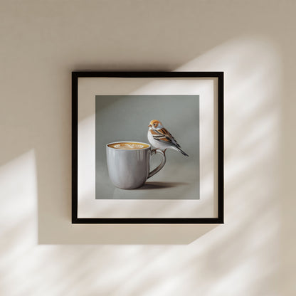 Snow Bunting & Latte Fine Art Print by Lauren Pretorius: a snow bunting perched on the handle of a white cup of coffee.