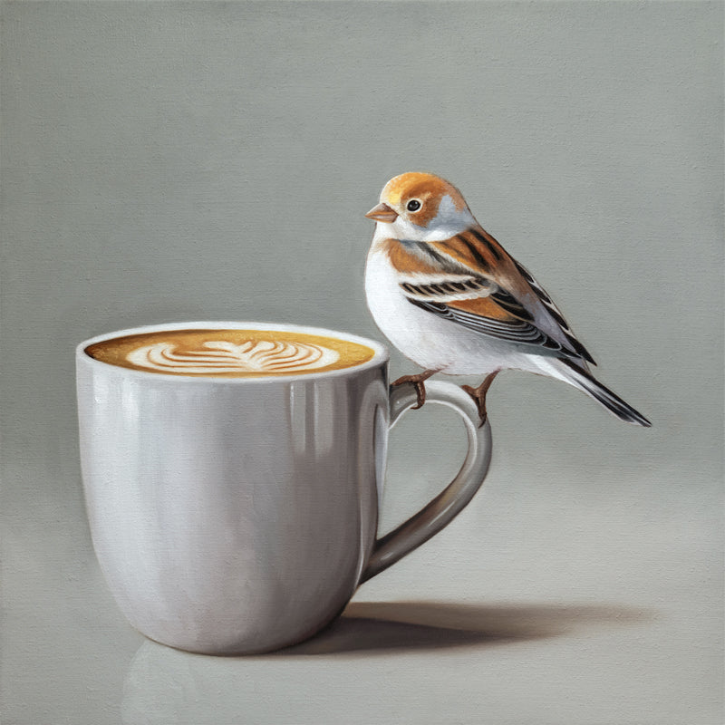 Snow Bunting & Latte Fine Art Print by Lauren Pretorius: a snow bunting perched on the handle of a white cup of coffee.