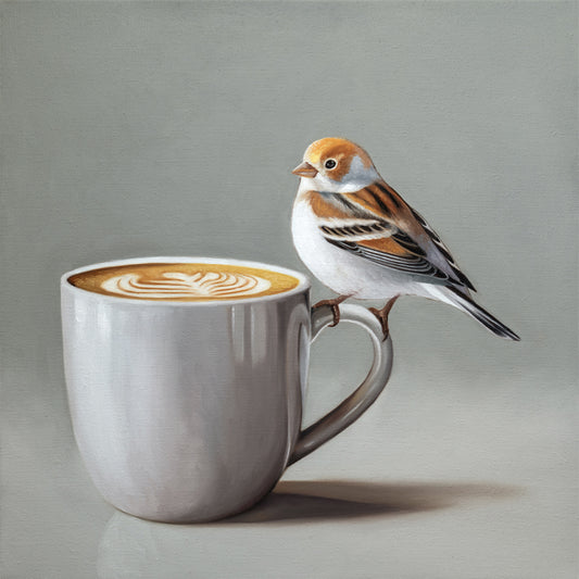 Snow Bunting & Latte Fine Art Print by Lauren Pretorius: a snow bunting perched on the handle of a white cup of coffee.