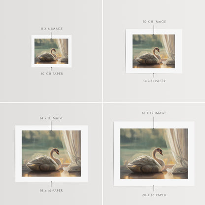 Solitary Swan Fine Art Print by Lauren Pretorius: a swan looking out from a window, with an archival pigment ink on 230gsm matte archival fine art paper.
