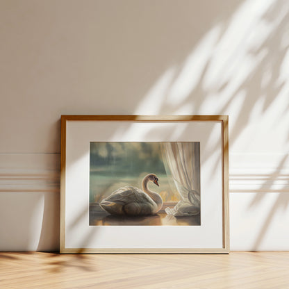 Solitary Swan Fine Art Print by Lauren Pretorius: a swan looking out from a window, with an archival pigment ink on 230gsm matte archival fine art paper.