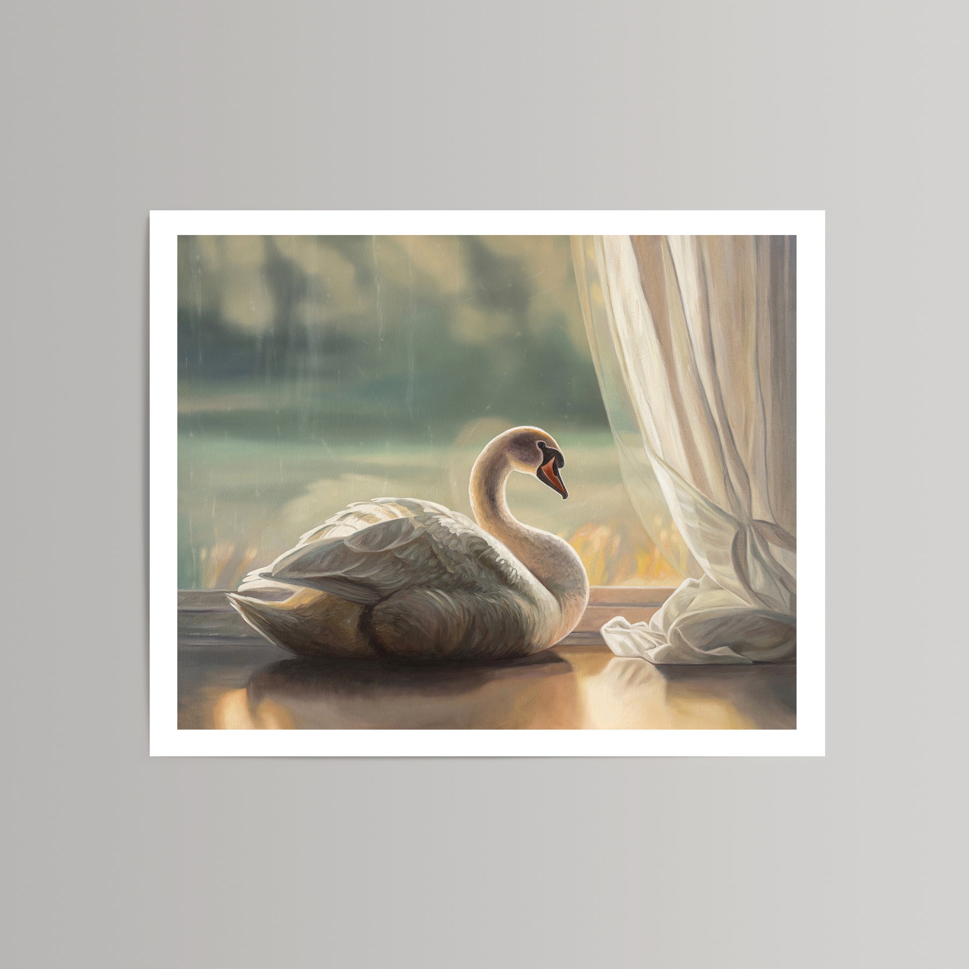Fine art print of a solitary white swan resting by a window with flowing sheer curtains and a muted landscape.