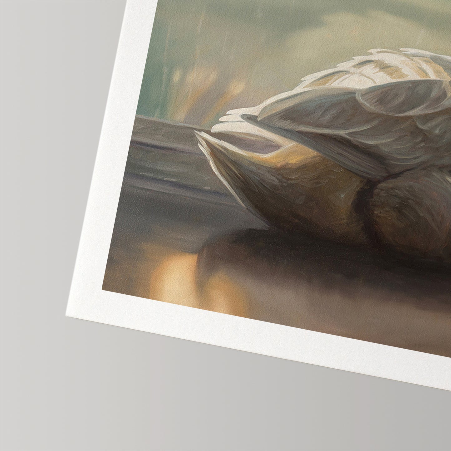 Close-up of "Solitary Swan" fine art print on cotton rag paper, showing textured brushstrokes and a white border.