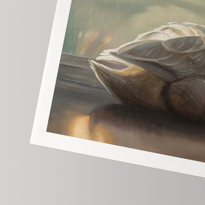 Close-up of "Solitary Swan" fine art print on cotton rag paper, showing textured brushstrokes and a white border.