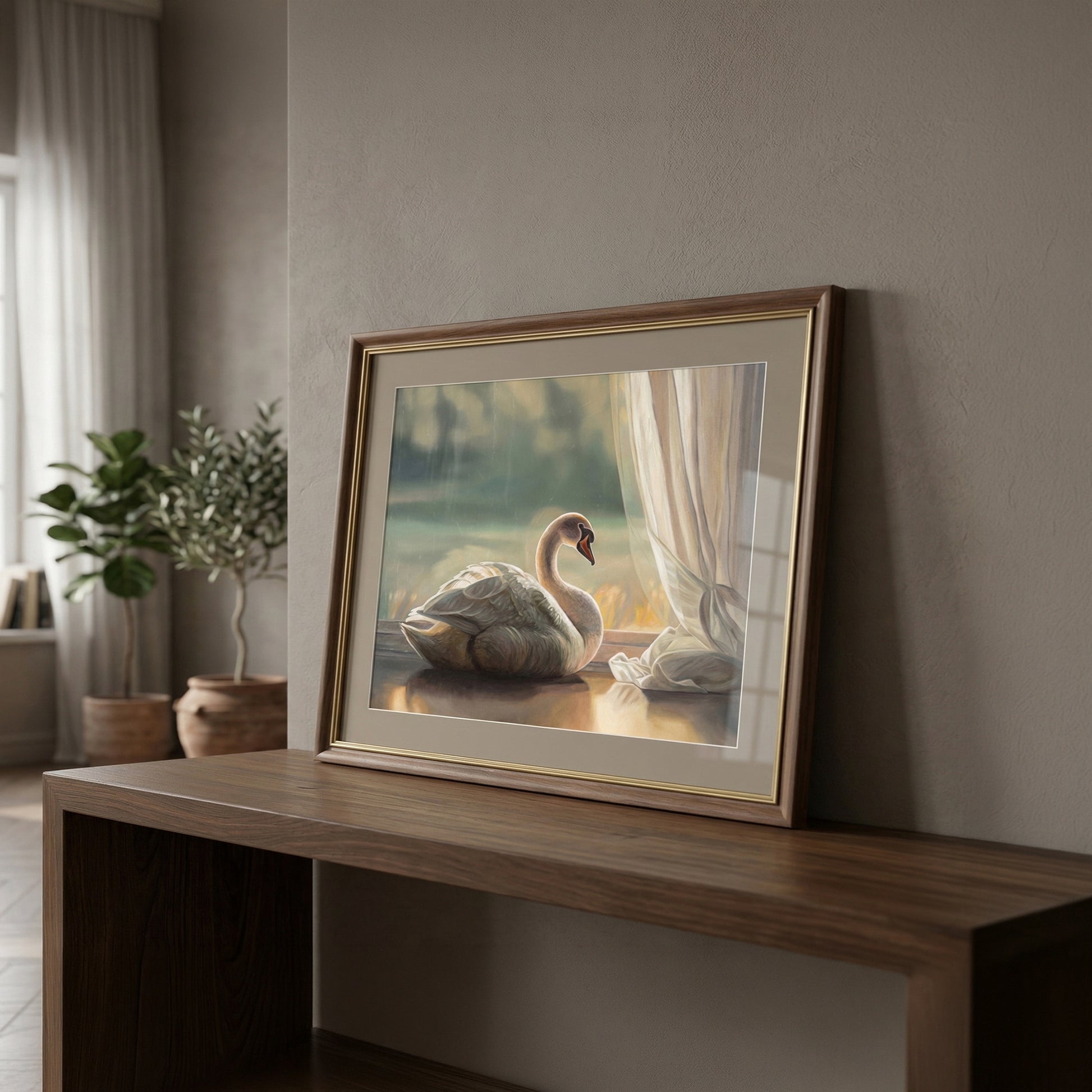 Framed fine art print of a solitary swan by a window, displayed on a dark wood console table.