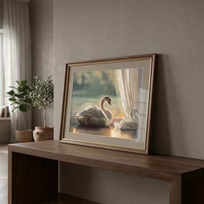 Framed fine art print of a solitary swan by a window, displayed on a dark wood console table.