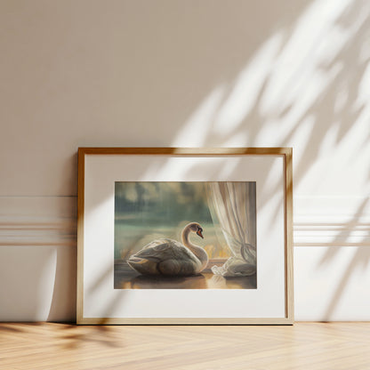 Framed fine art print of a solitary white swan by a window, with soft light and a subtle white border.