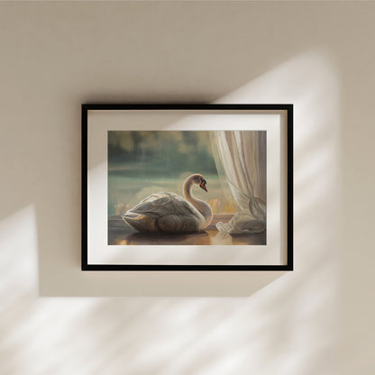 Framed fine art print of a solitary white swan by a window with sheer curtains, in soft, warm tones.