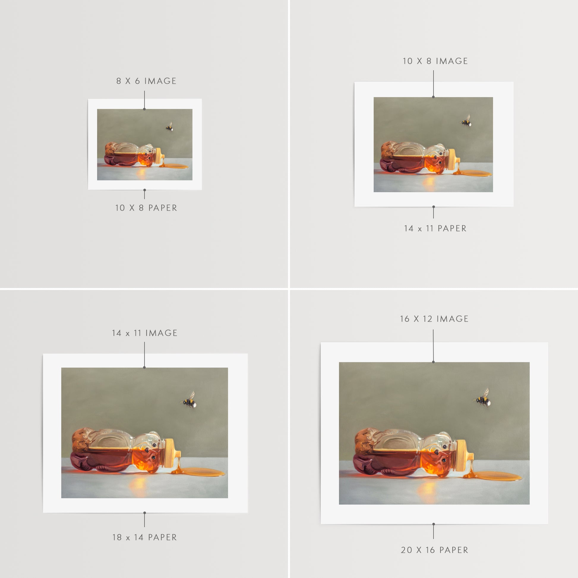 Spilled Honey and Bumble Bee Fine Art Print by Lauren Pretorius: a classic honey bear bottle tipped on its side spilling its contents while a bumble bee hovers above.