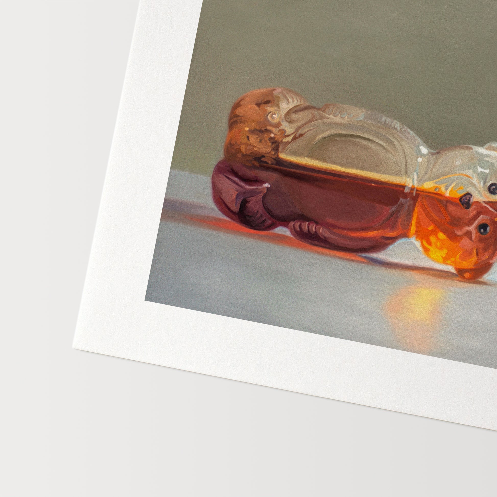 Spilled Honey and Bumble Bee Fine Art Print by Lauren Pretorius: a classic honey bear bottle tipped on its side spilling its contents while a bumble bee hovers above.
