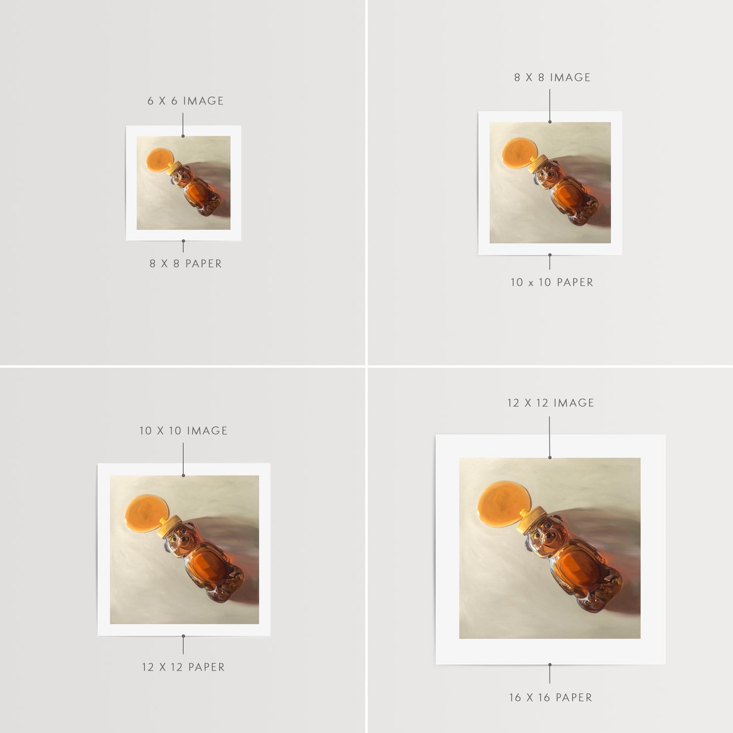 Spilled Honey Fine Art Print by Lauren Pretorius: a honey bear bottle that has tipped over and spilling its contents.