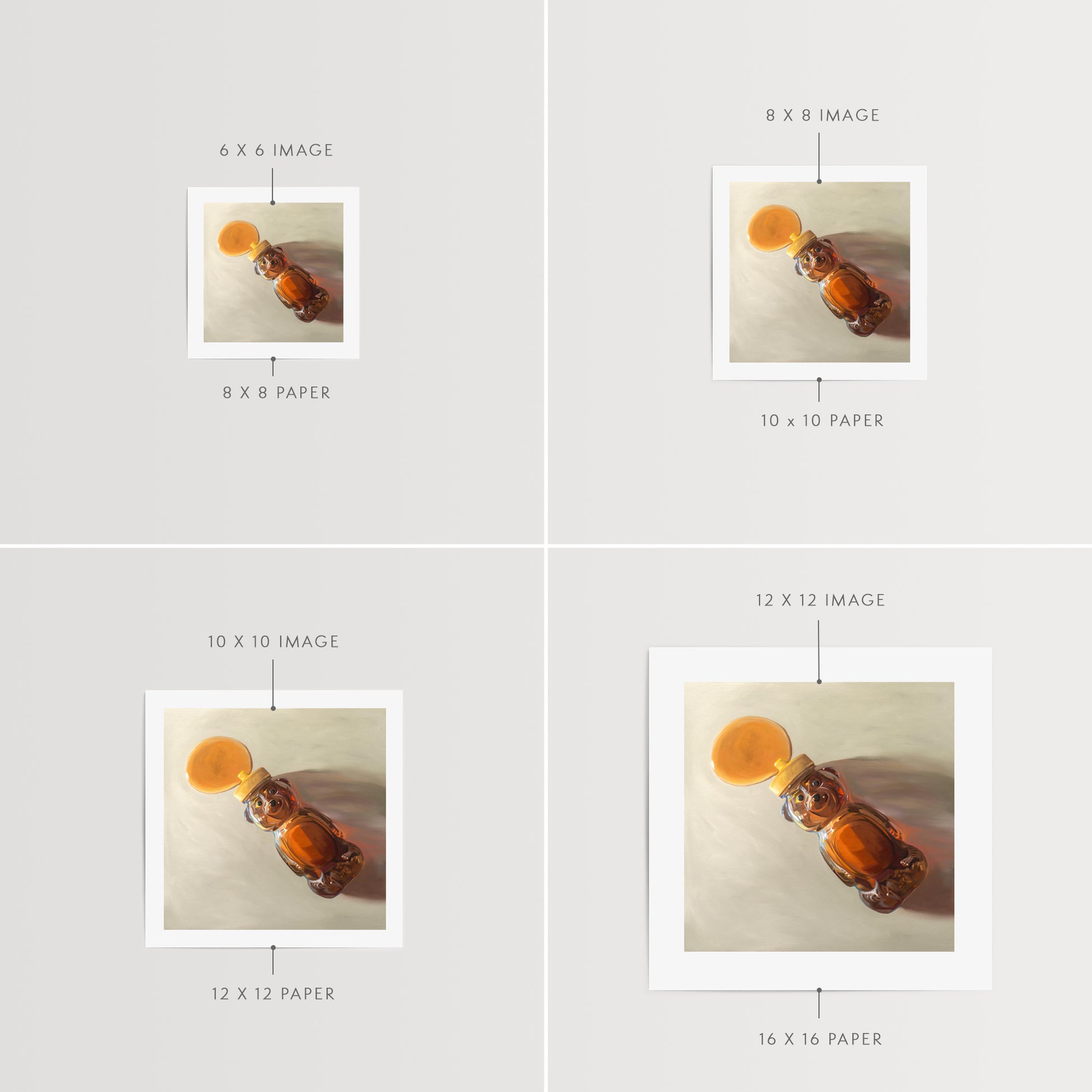 Spilled Honey Fine Art Print by Lauren Pretorius: a honey bear bottle that has tipped over and spilling its contents.