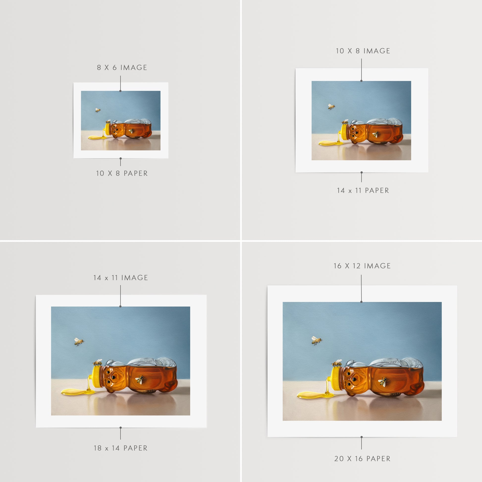 Spilled Honey & Bees Fine Art Print by Lauren Pretorius: a tipped over honey bear surrounded by a trio of honey bees.