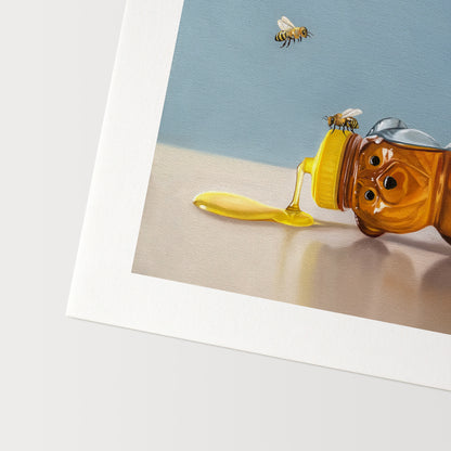 Spilled Honey & Bees Fine Art Print by Lauren Pretorius: a tipped over honey bear surrounded by a trio of honey bees.
