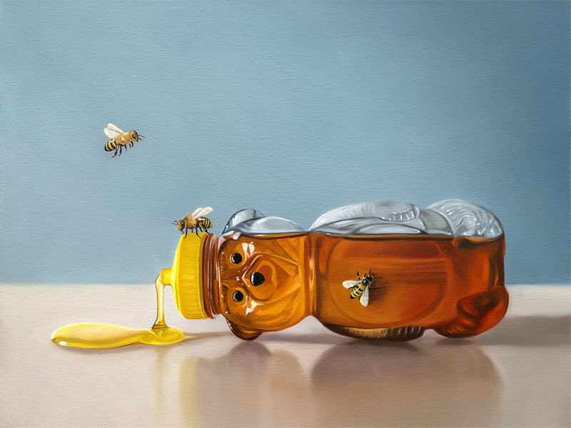 Spilled Honey & Bees Fine Art Print by Lauren Pretorius: a tipped over honey bear surrounded by a trio of honey bees.