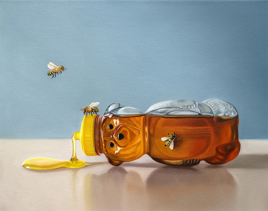 Fine art print of a tipped honey bear bottle spilling golden honey, with several bees buzzing around it.