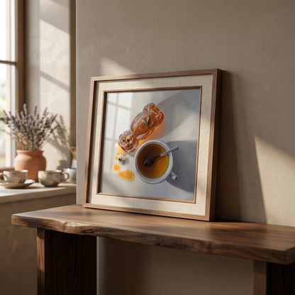 Fine art print: "Spilled Honey, Bees & Tea" in a wooden frame on a natural wood shelf.