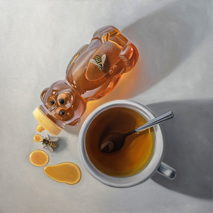 Realistic fine art print of a honey bear bottle spilling golden honey near a tea cup with a spoon and two bees.