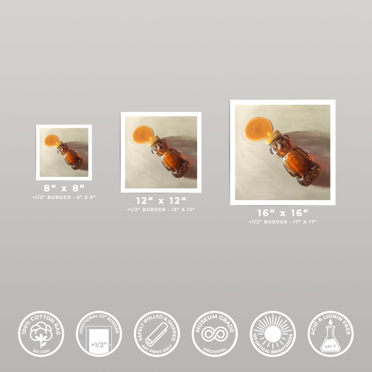 Three square art prints of a honey bear jar, shown in 8x8, 12x12, and 16x16 sizes with borders.