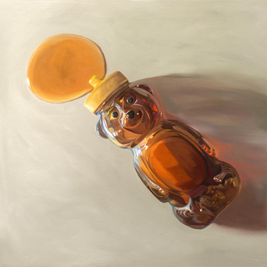 Realistic fine art print of a honey bear bottle spilling golden honey on a light background.