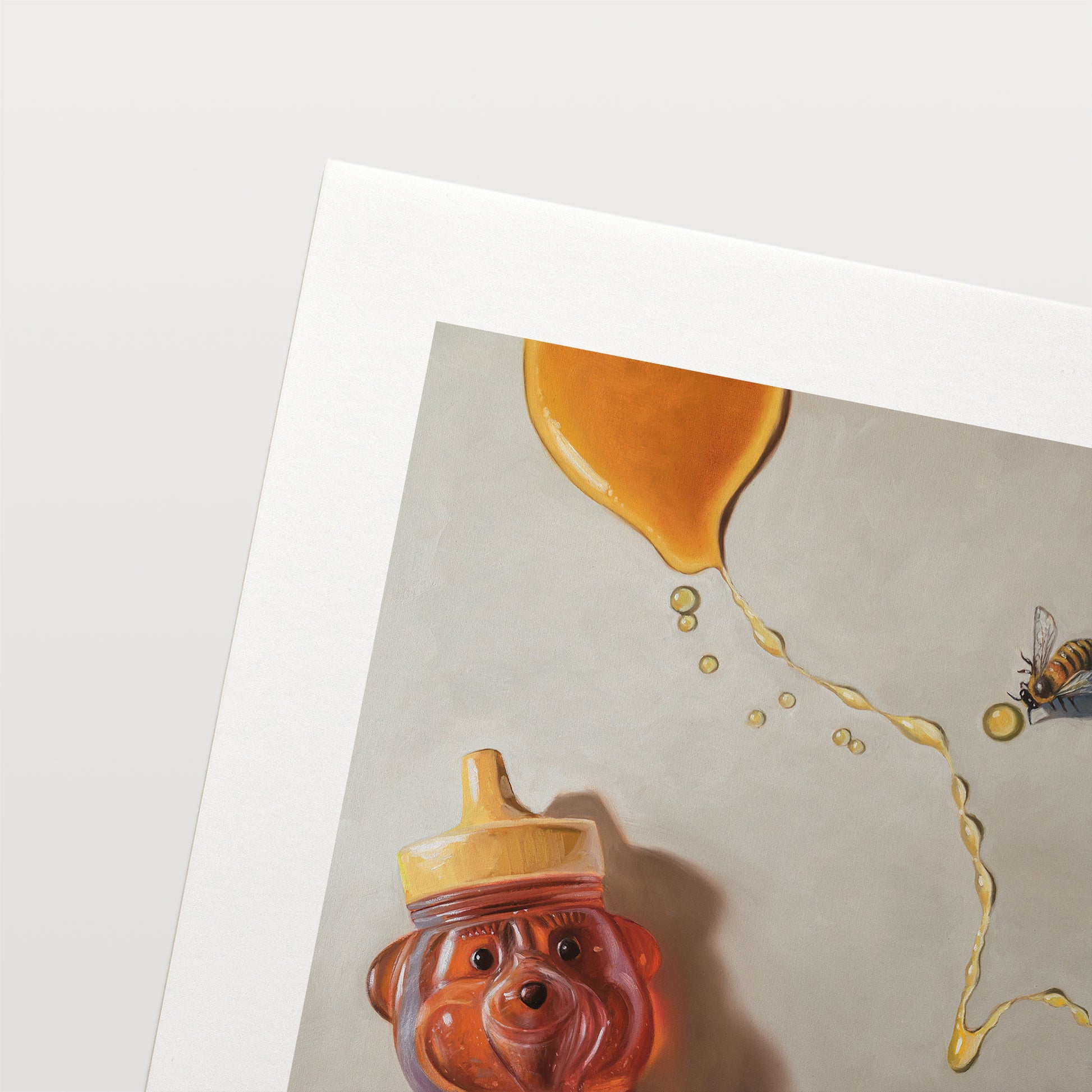 Spilled Honey, Spoon & Bee Fine Art Print by Lauren Pretorius: a bear-shaped honey container, a spoon, and a bee with spilled honey elements, printed on matte archival fine art paper.