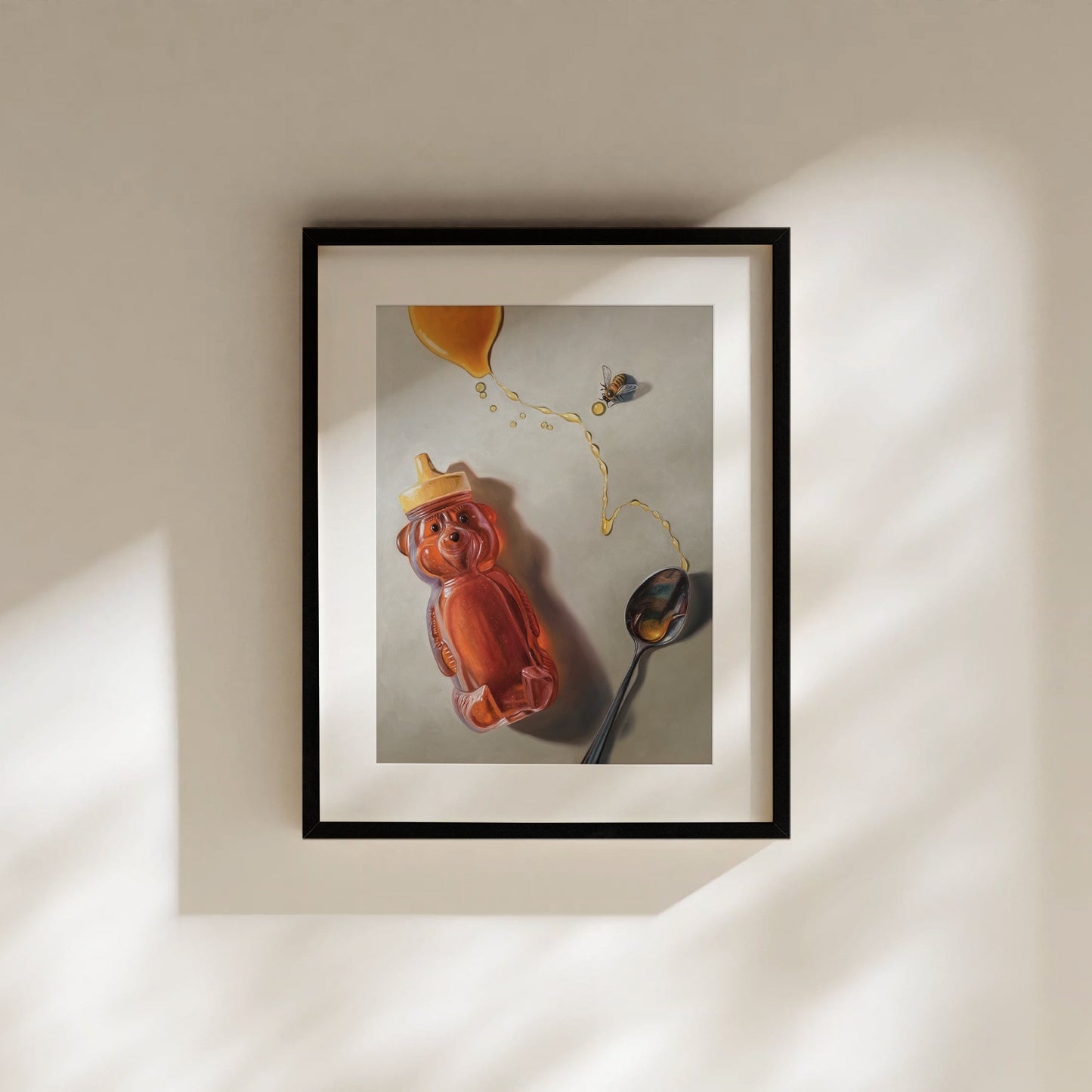 Spilled Honey, Spoon & Bee Fine Art Print by Lauren Pretorius: a bear-shaped honey container, a spoon, and a bee with spilled honey elements, printed on matte archival fine art paper.