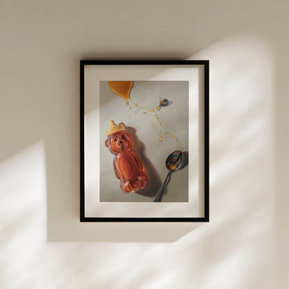 Spilled Honey, Spoon & Bee Fine Art Print by Lauren Pretorius: a bear-shaped honey container, a spoon, and a bee with spilled honey elements, printed on matte archival fine art paper.