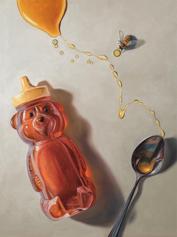 Spilled Honey, Spoon & Bee Fine Art Print by Lauren Pretorius: a bear-shaped honey container, a spoon, and a bee with spilled honey elements, printed on matte archival fine art paper.