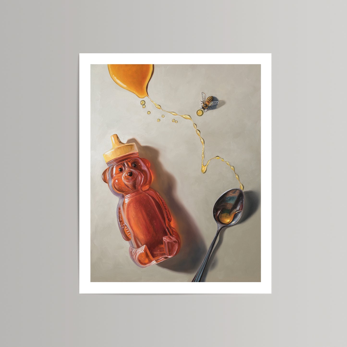 Fine art print of a honey bear bottle, spilled golden honey, a spoon, and a bee on a light background.