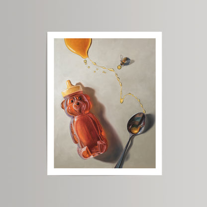 Fine art print of a honey bear bottle, spilled golden honey, a spoon, and a bee on a light background.