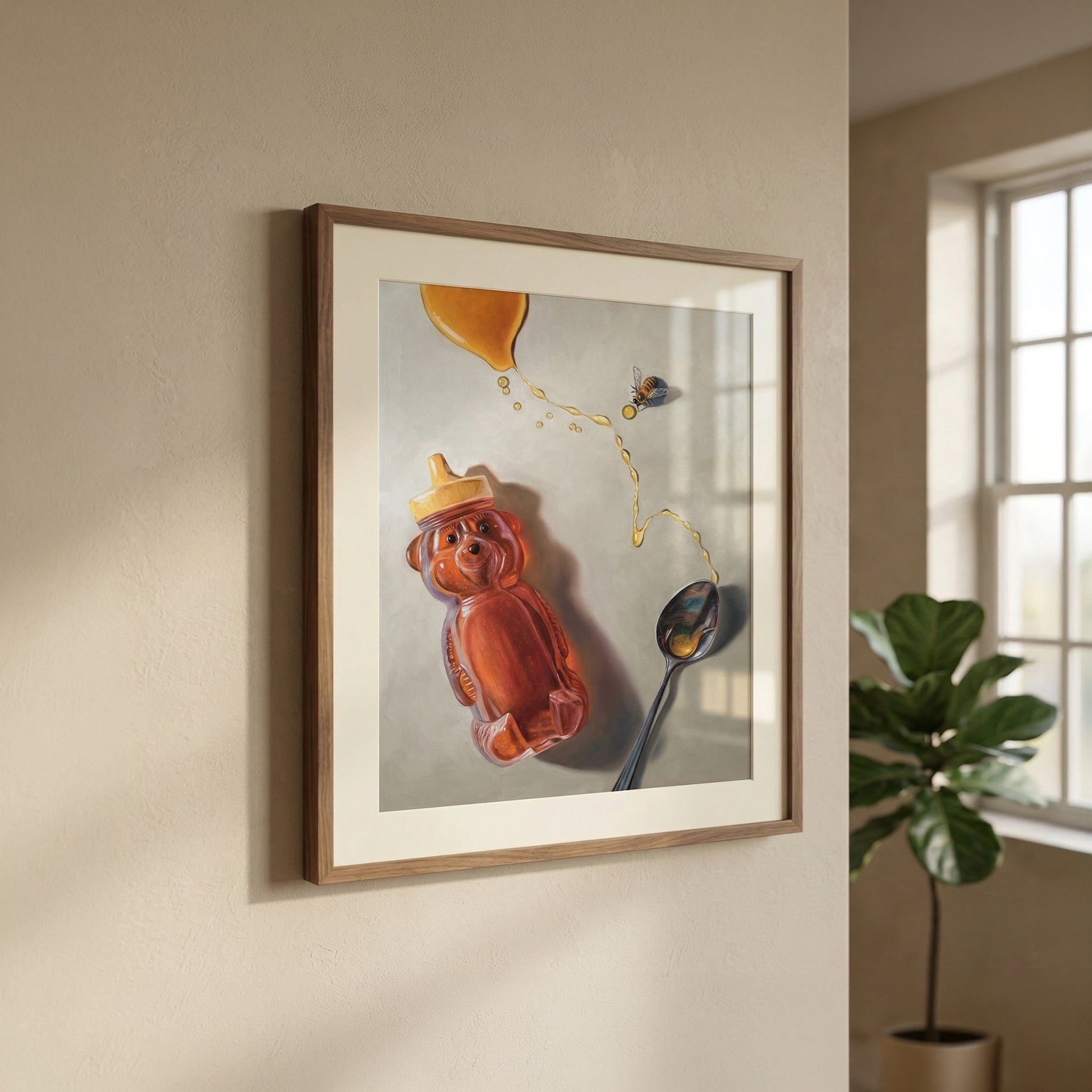 Framed fine art print of a honey bear bottle, spilled honey, a spoon, and a bee.