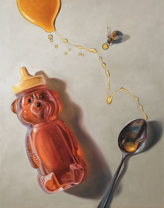 Realistic painting of a honey bear bottle, spilled golden honey, a silver spoon, and a bee.