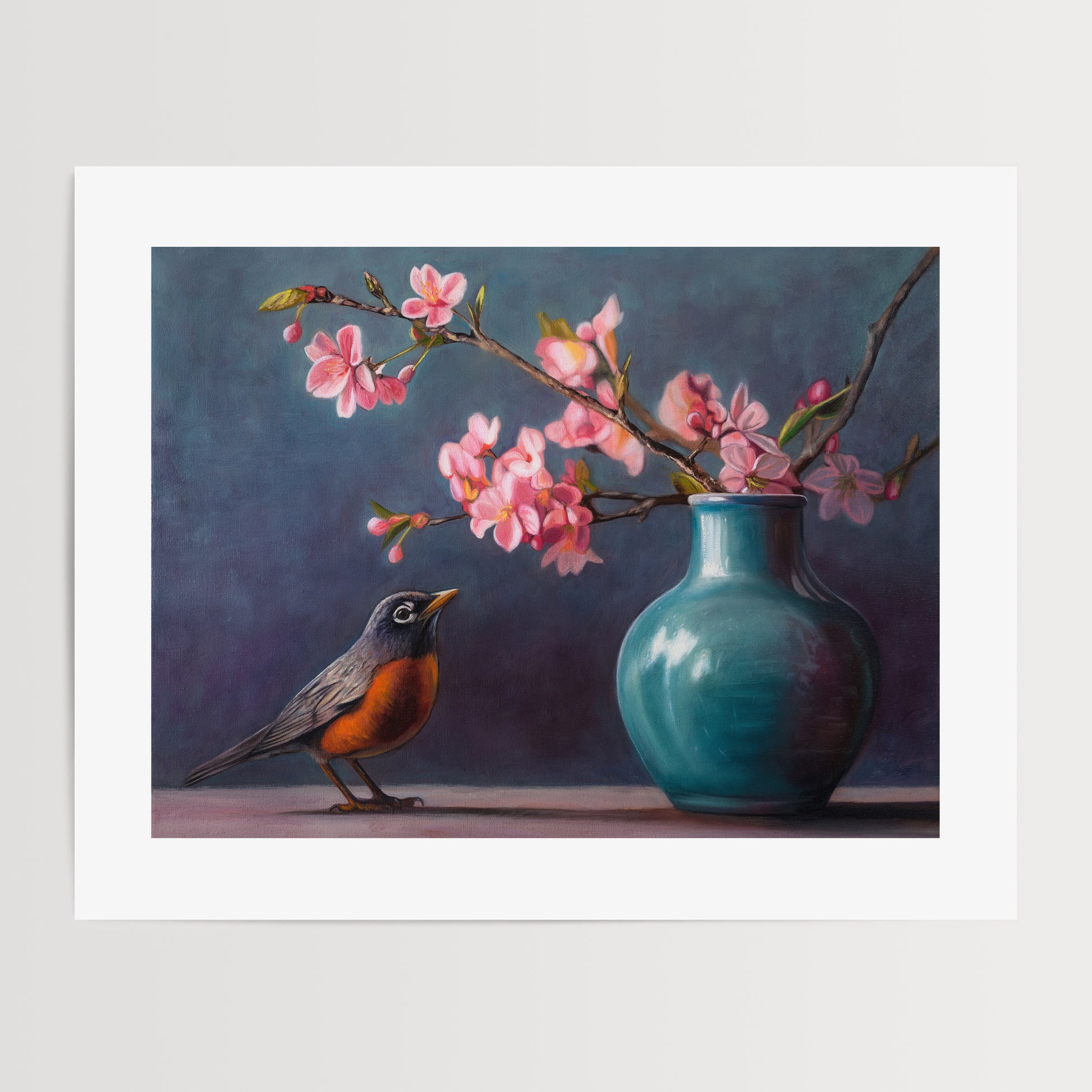 Spring Robin Fine Art Print by Lauren Pretorius: a robin perched next to a vase with pink cherry blossoms against a dark background.