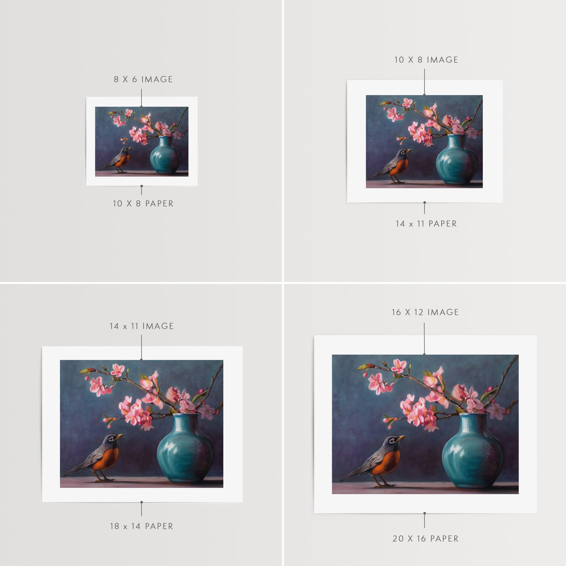 Spring Robin Fine Art Print by Lauren Pretorius: a robin perched next to a vase with pink cherry blossoms against a dark background.