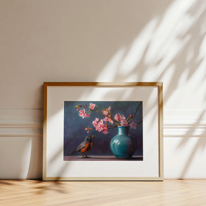 Spring Robin Fine Art Print by Lauren Pretorius: a robin perched next to a vase with pink cherry blossoms against a dark background.
