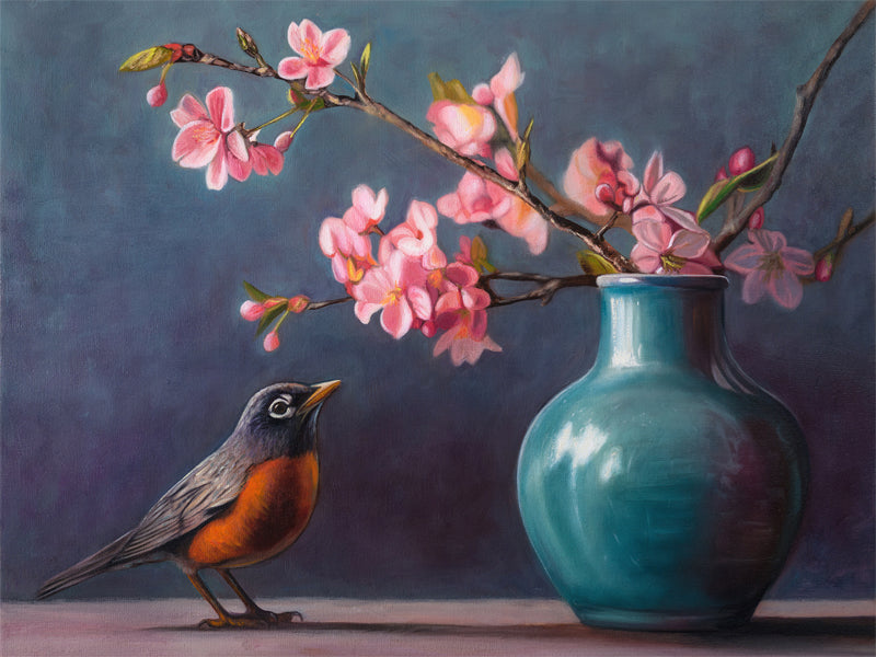 Spring Robin Fine Art Print by Lauren Pretorius: a robin perched next to a vase with pink cherry blossoms against a dark background.