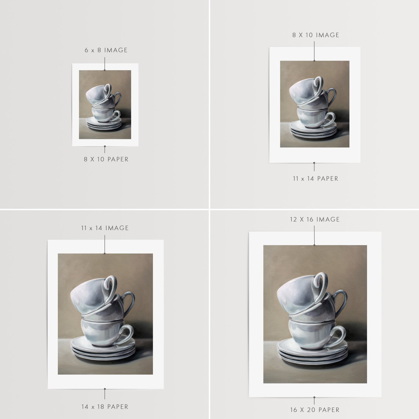 Stacked Cups and Saucers Fine Art Print by Lauren Pretorius: a precariously balancing stack of porcelain cups and saucers.