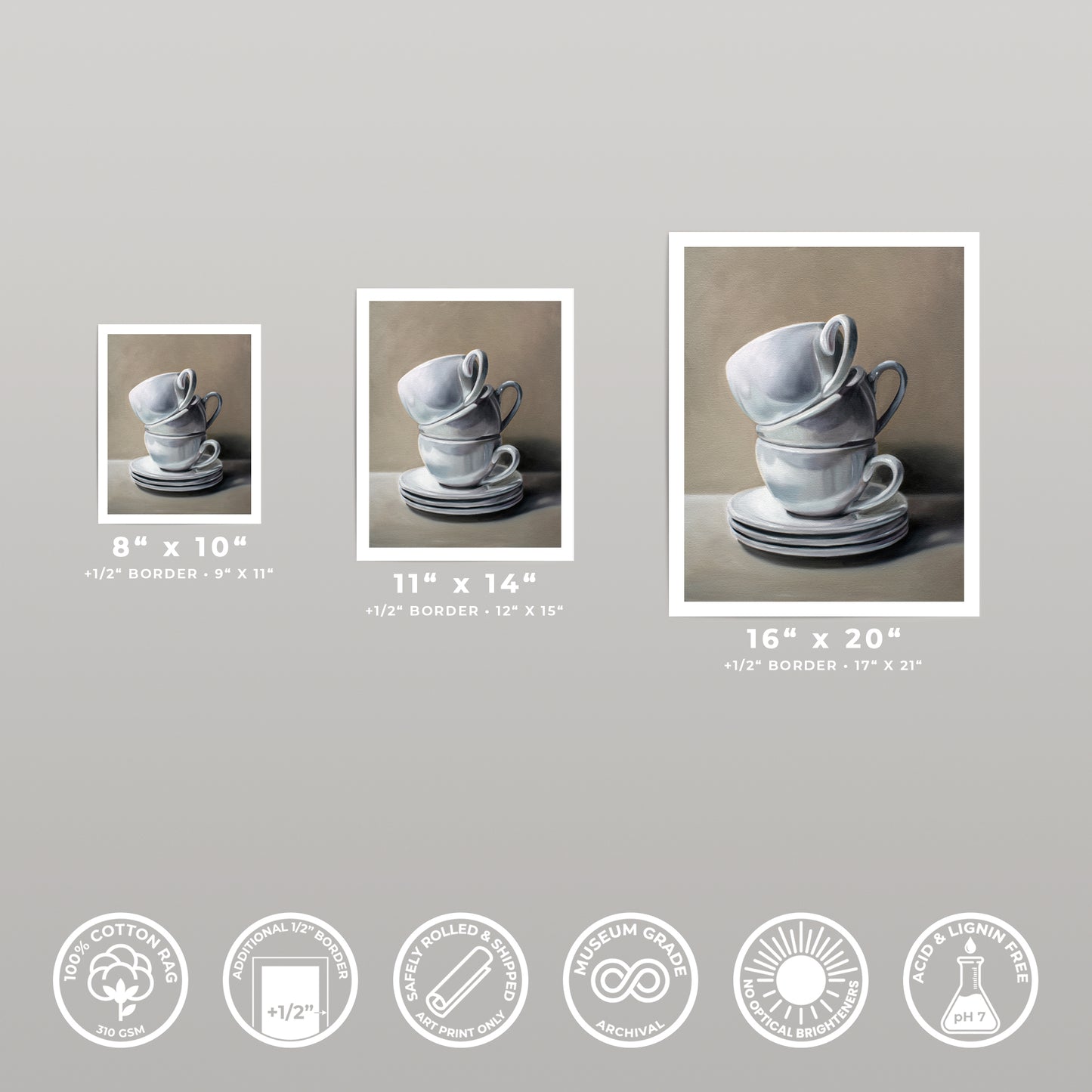 Fine art print of stacked white ceramic cups and saucers on a neutral background, available in multiple sizes.