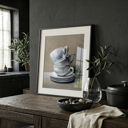 Framed fine art print of two stacked white teacups and saucers on a neutral background.