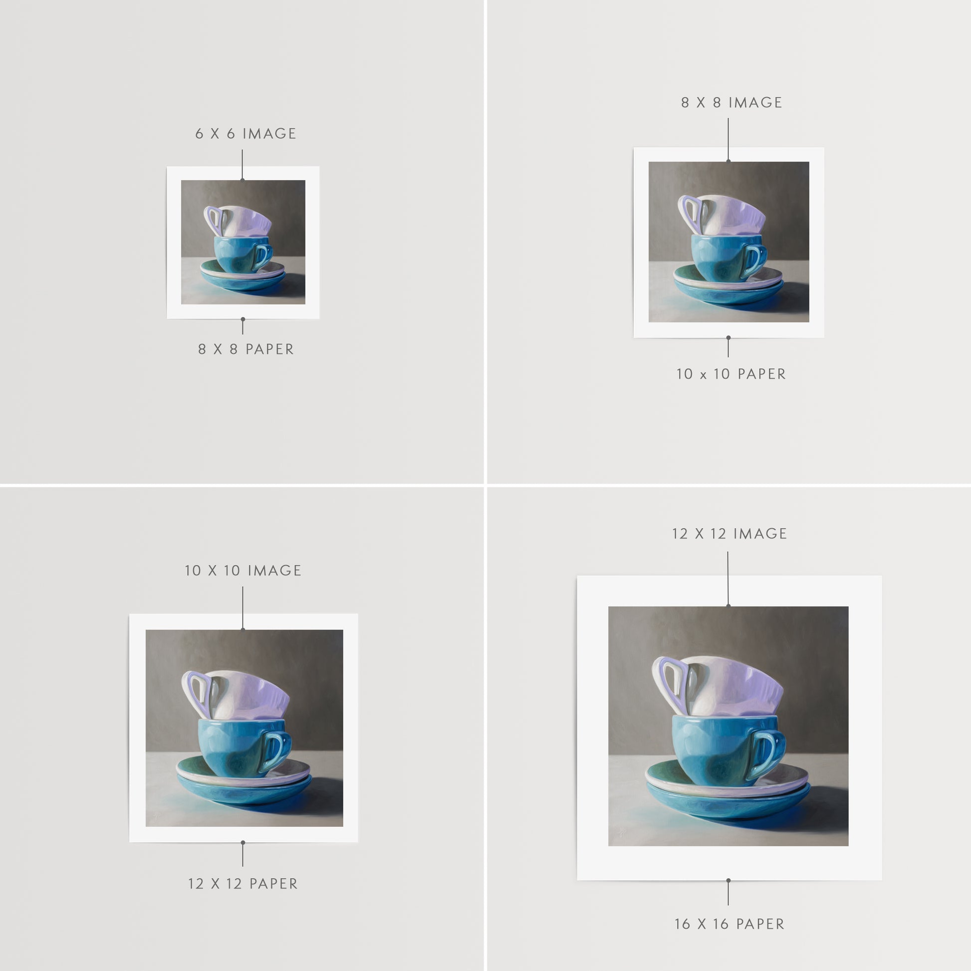 Stacked Cups & Saucers Fine Art Print by Lauren Pretorius: a stack of blue and white cups and saucers on a table.