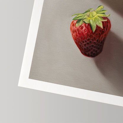 Vibrant red strawberry fine art print on museum-grade cotton rag paper with a white border.
