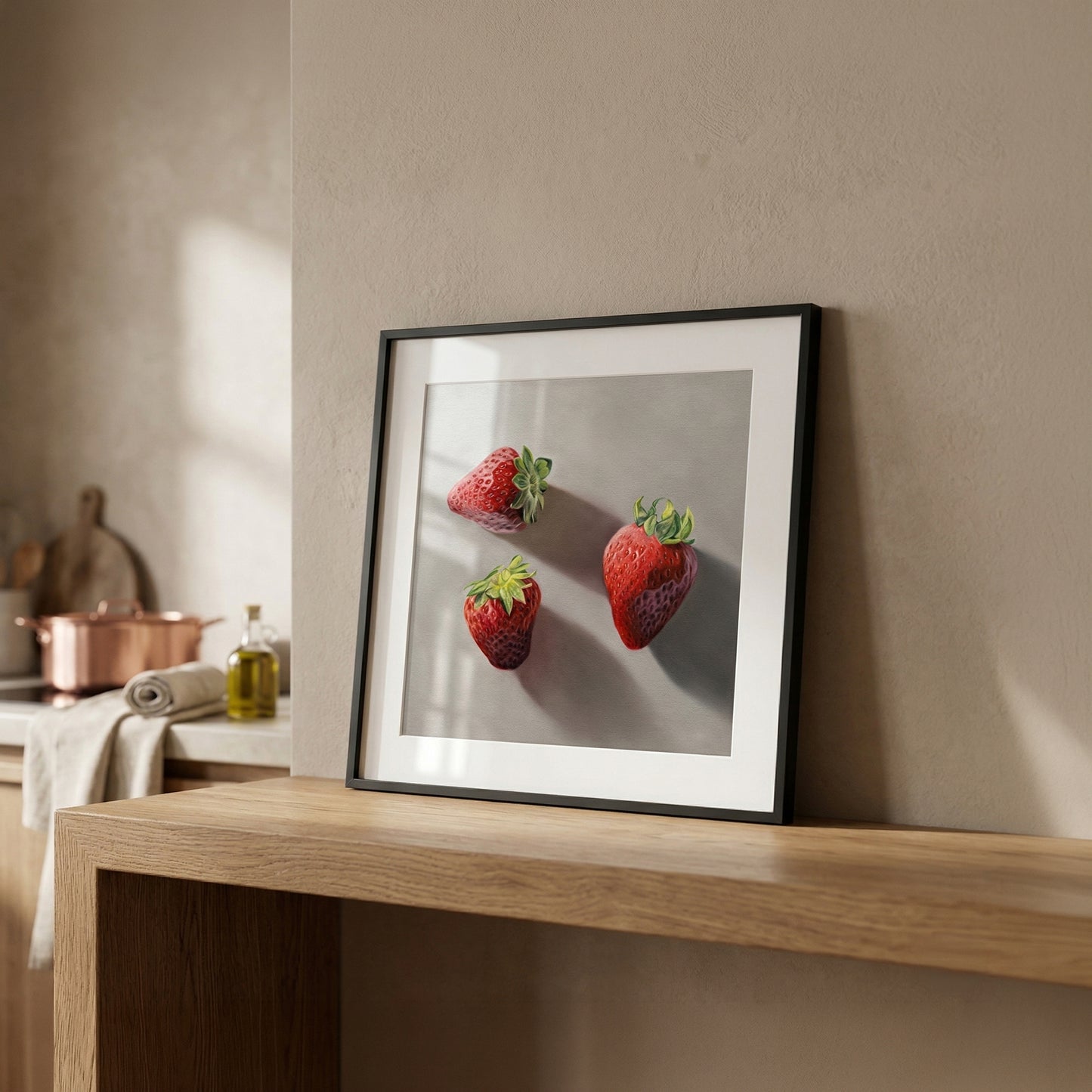 Framed fine art print of three vibrant red strawberries on a light gray background, resting on a wooden shelf.