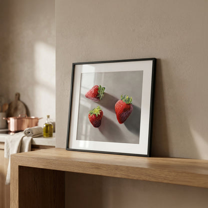 Framed fine art print of three vibrant red strawberries on a light gray background, resting on a wooden shelf.