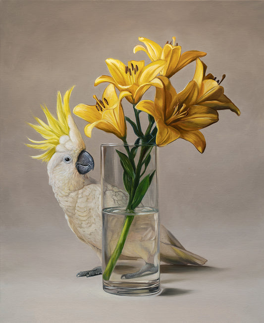 Sulphur-crested Cockatoo & Yellow Asiatic Lilies • 16 x 20