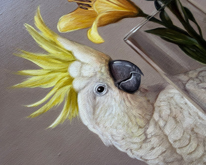 Sulphur-crested Cockatoo & Yellow Asiatic Lilies • 16 x 20