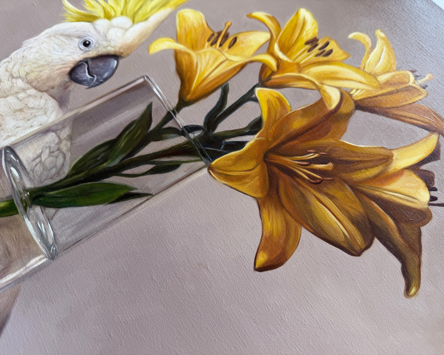 Sulphur-crested Cockatoo & Yellow Asiatic Lilies • 16 x 20