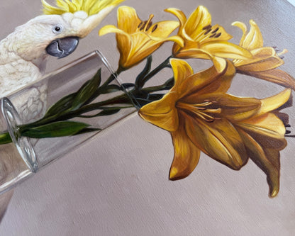 Sulphur-crested Cockatoo & Yellow Asiatic Lilies • 16 x 20